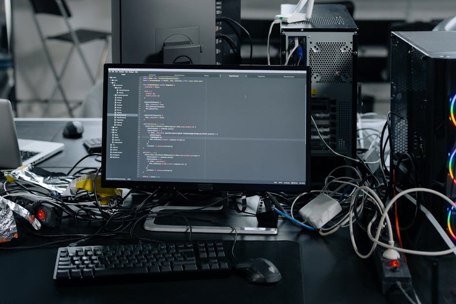 The image depicts a cluttered office desktop with a central computer monitor displaying lines of code in a dark-themed programming interface. Surrounding the monitor are various tangled cables, a blac